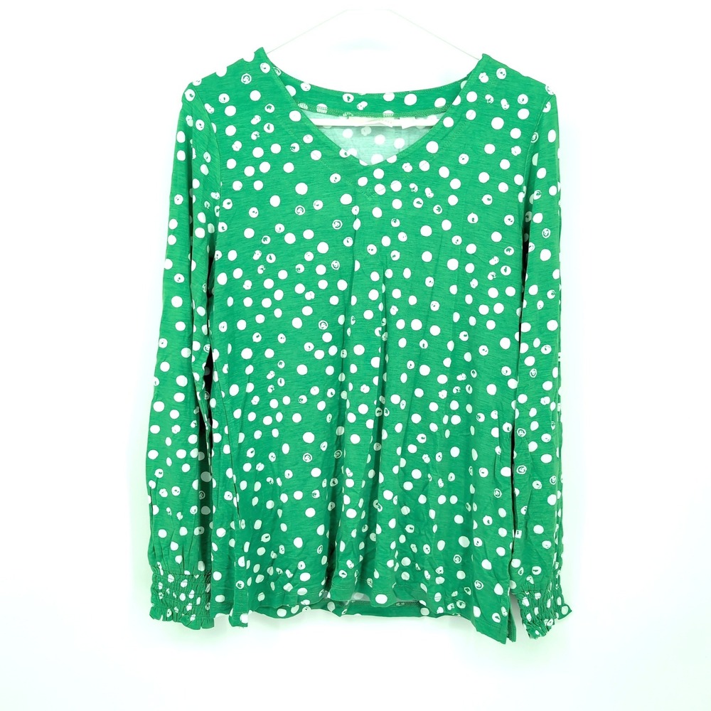 Belle by Kim Gravel Top Green Polka Dot Smocked Cuffs V-Neck Women XS